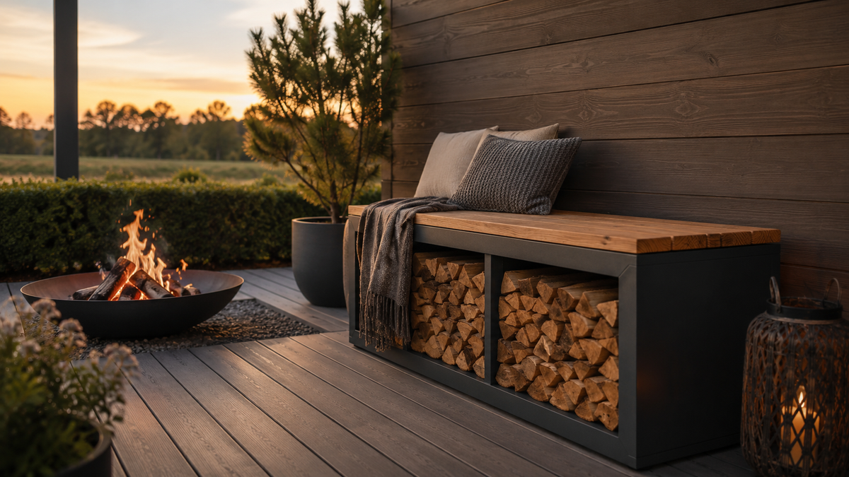 sortiQ Holzlagerbank aus Stahl und Douglasie auf moderner Terrasse