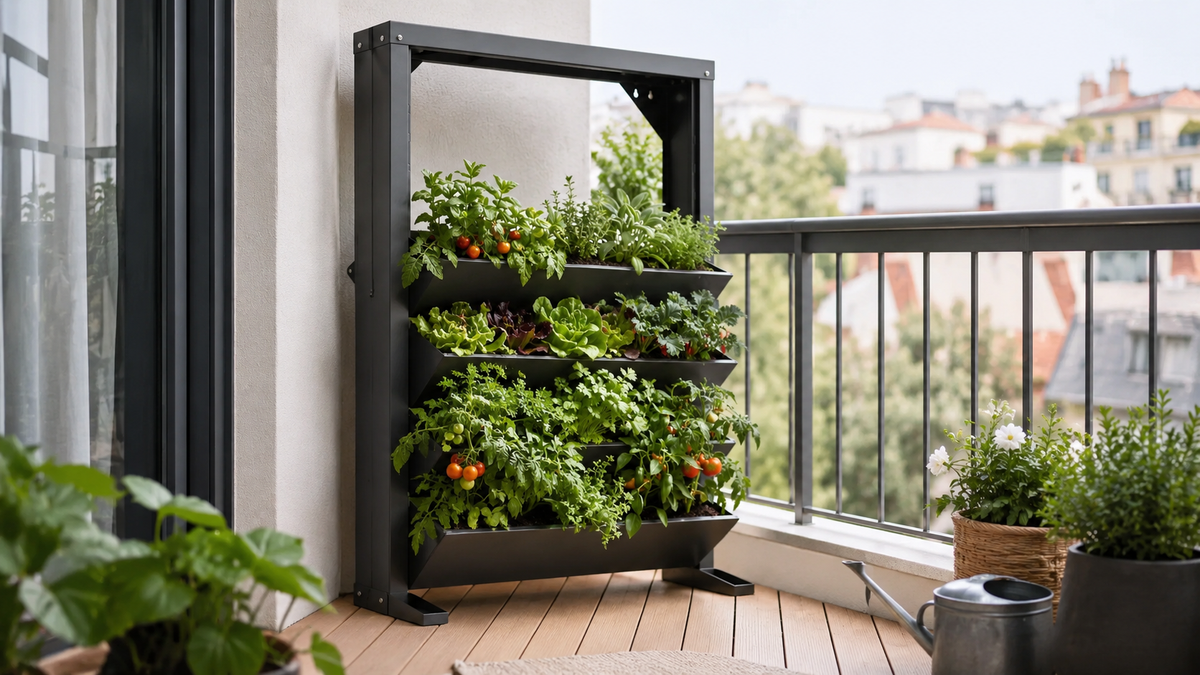 Vertikales Hochbeet aus Metall von sortiQ auf einem Balkon mit Kräutern