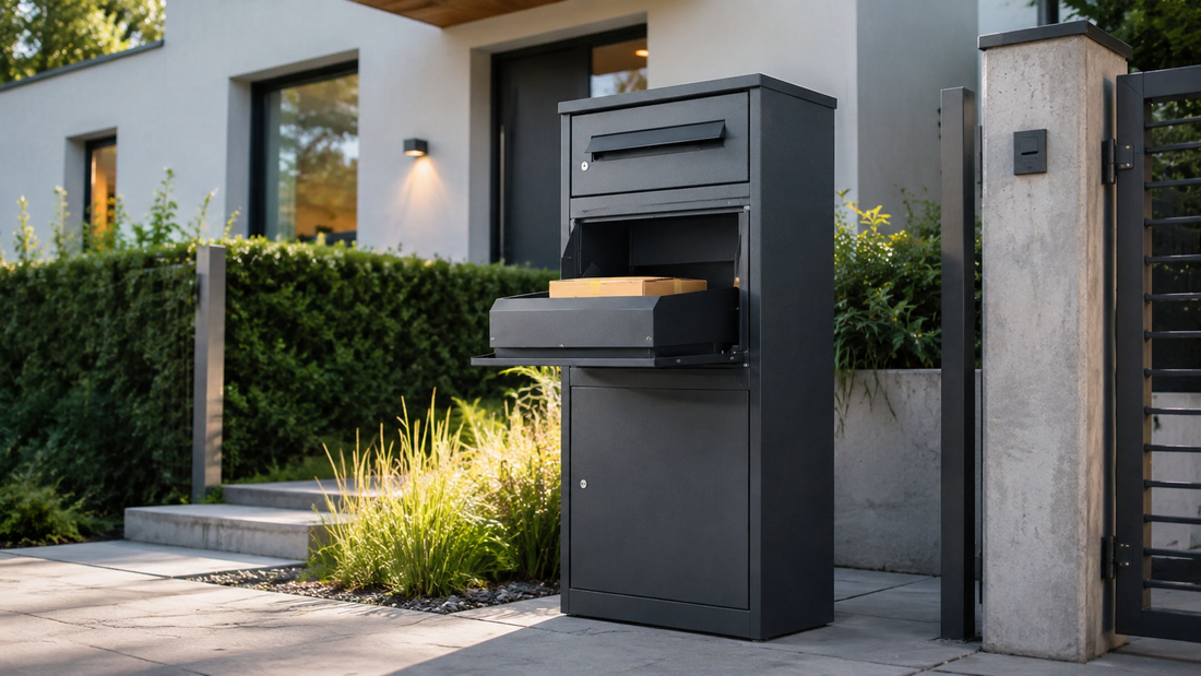 sortiQ Paketbox aus Metall am Eingang eines Einfamilienhauses