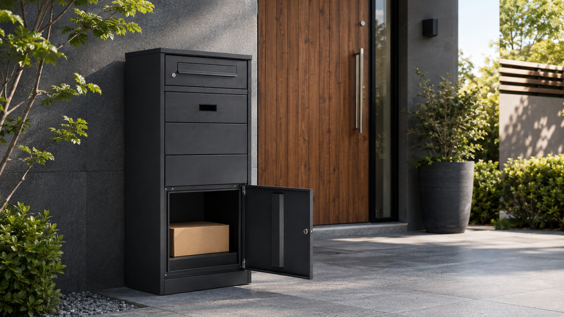 Freistehende Paketbox aus Metall an einem gut erreichbaren Hauseingang