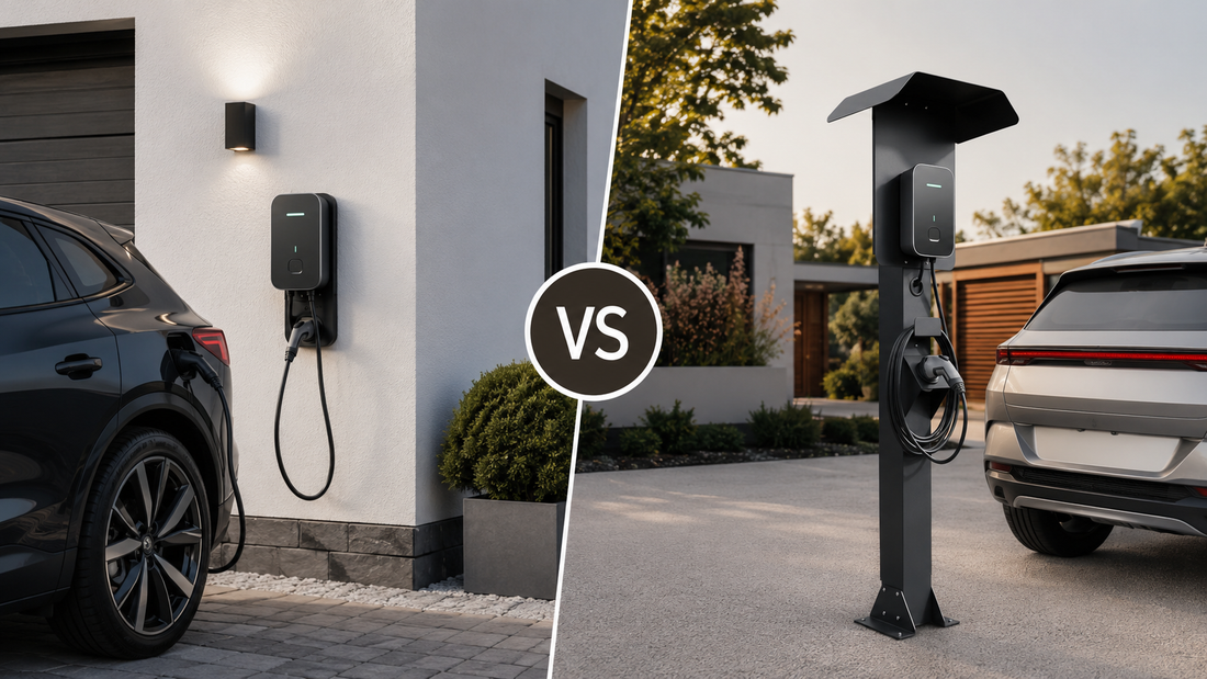 Freistehende Wallbox Stele aus Metall von sortiQ neben Carport