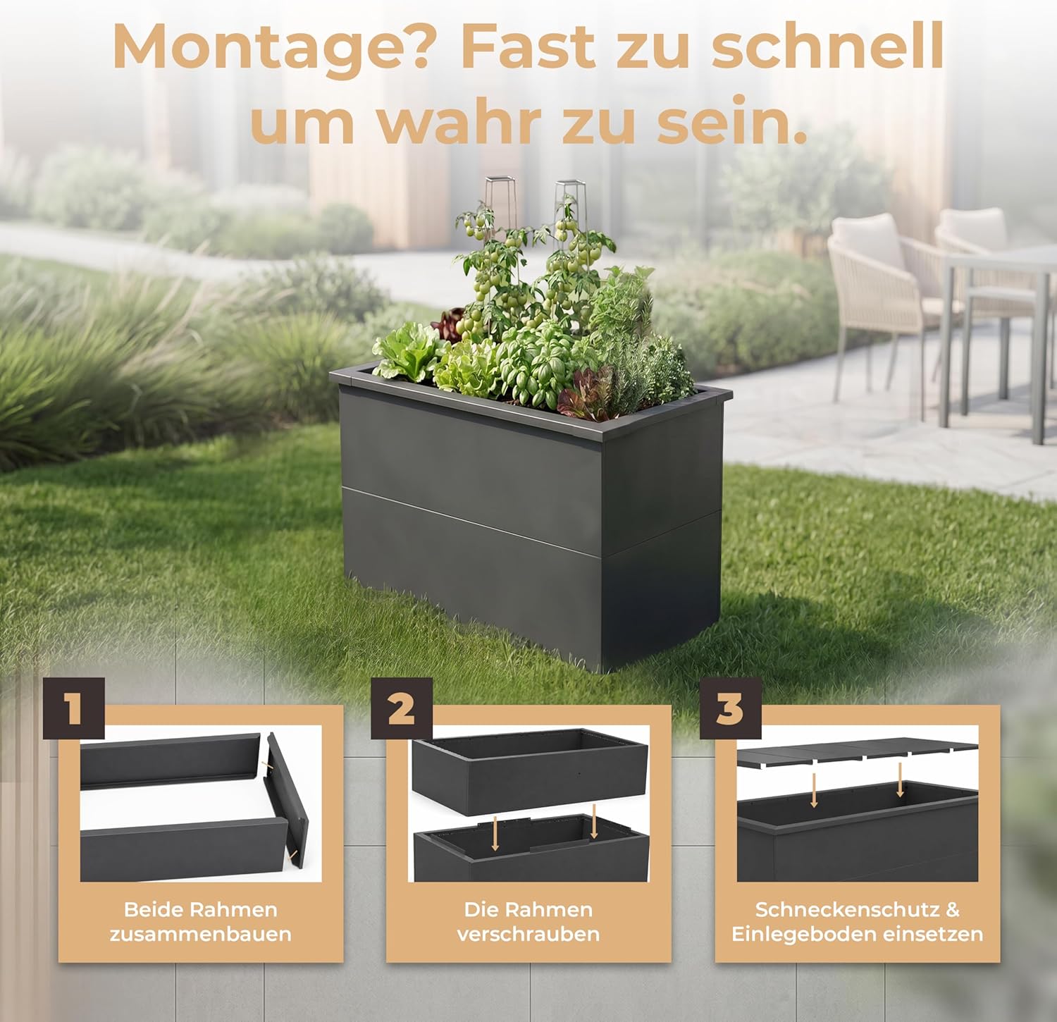 Hochbeet-Set|90x45x80cm|Metall-Hochbeet mit Einlegeboden|Pulverbeschichteter, verzinkter Stahl|Mit Schneckenbarriere und Wühlmausgitter|Inkl. 10 Pflanzsticks
