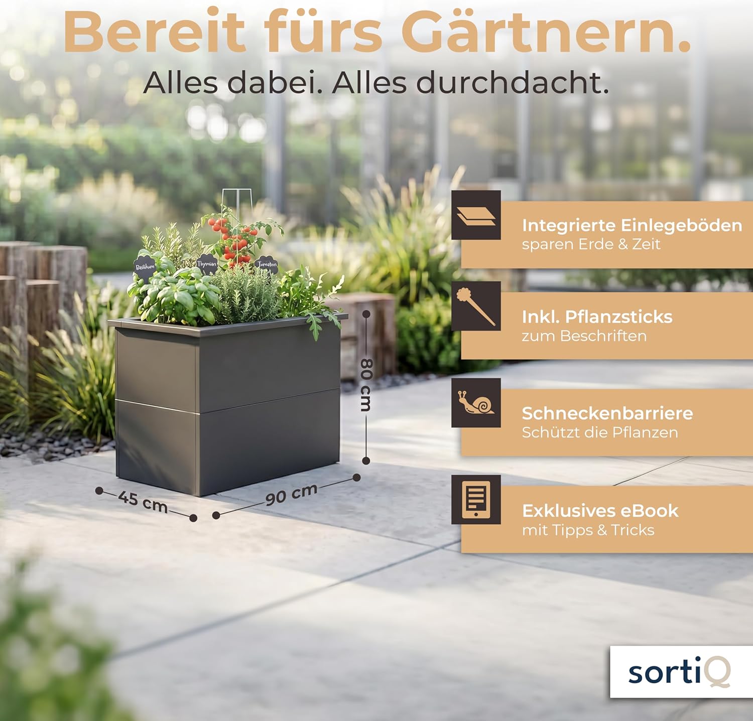 Hochbeet-Set|90x45x80cm|Metall-Hochbeet mit Einlegeboden|Pulverbeschichteter, verzinkter Stahl|Mit Schneckenbarriere und Wühlmausgitter|Inkl. 10 Pflanzsticks