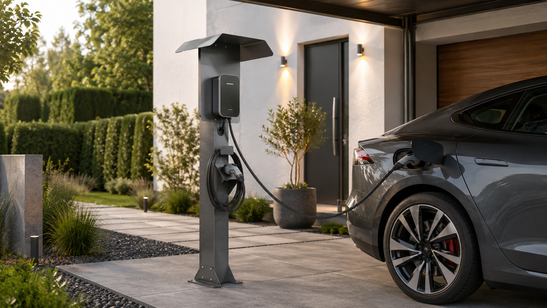 Freistehende Ladesäule mit Schutzdach lädt ein graues Elektroauto vor einem modernen Einfamilienhaus.