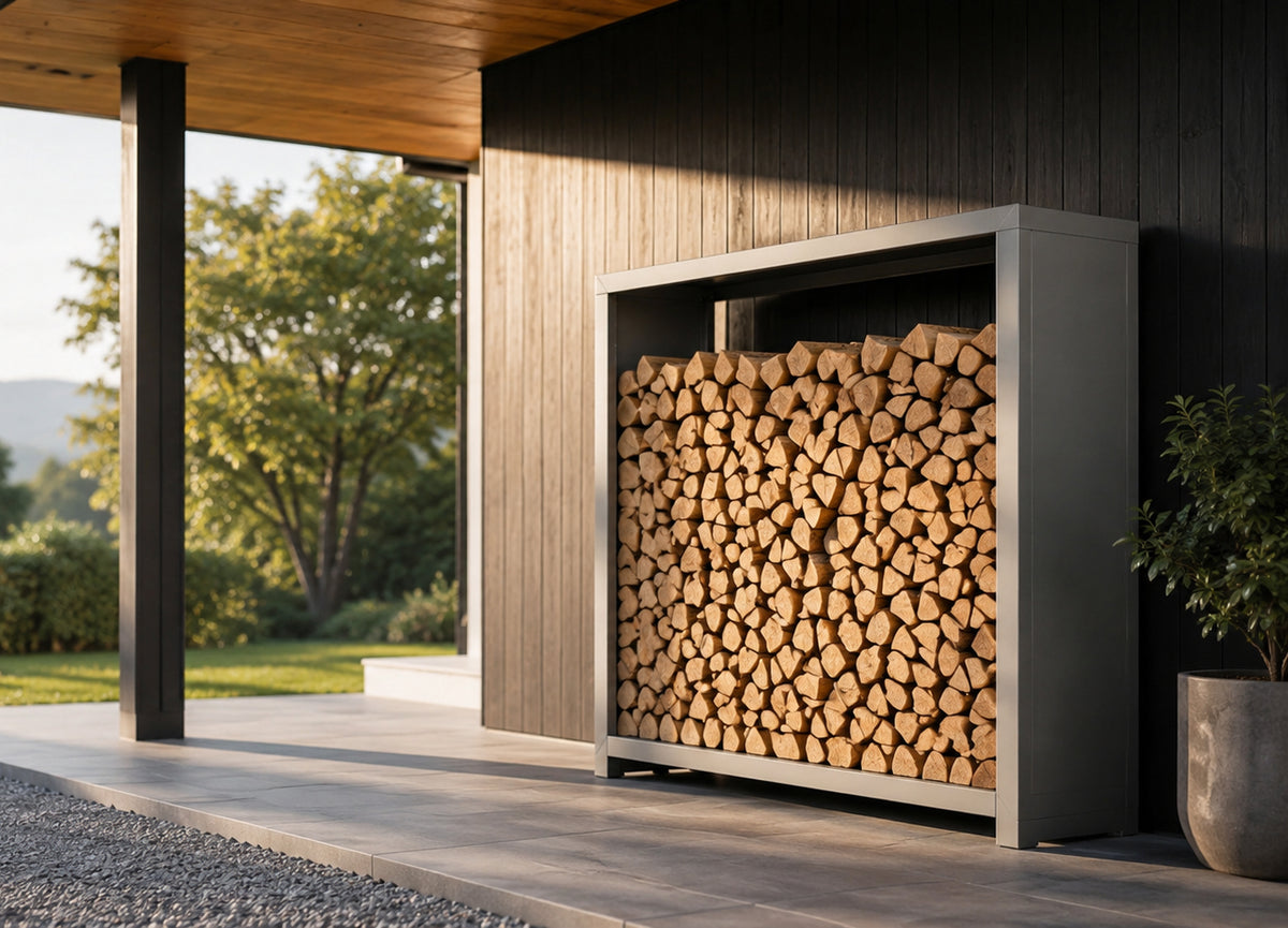 Modernes Kaminholzregal aus Metall, gefüllt mit gestapelten Holzscheiten, auf der Terrasse eines modernen Hauses.